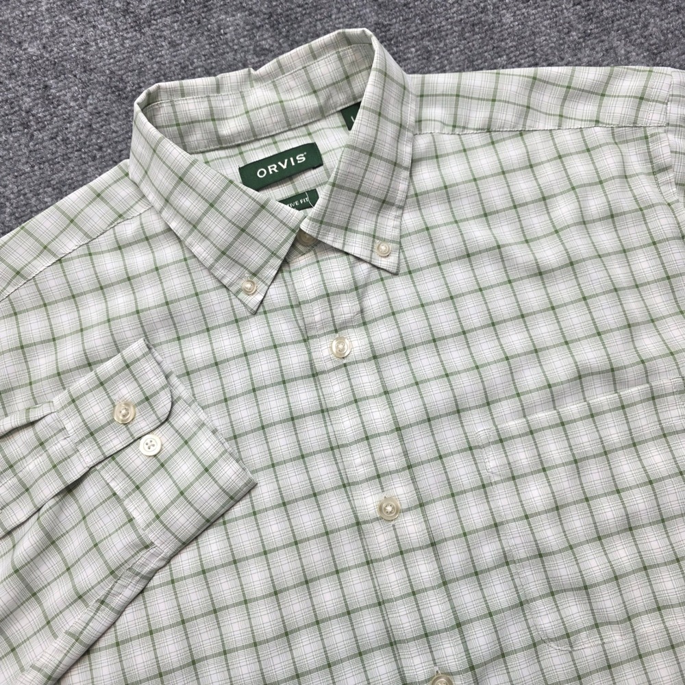 Orvis Men's Large Active Fit Seawool Plaid Button-Down Shirt Green White Travel